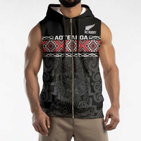 Custom New Zealand Silver Fern Rugby Sleeveless Zip Hoodie All Black Maori Taniko Pattern - Polynesian Pride