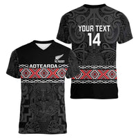 Custom New Zealand Silver Fern Rugby Women V-Neck T-Shirt All Black Maori Taniko Pattern LT14 - Polynesian Pride