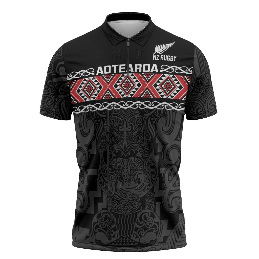 Custom New Zealand Silver Fern Rugby Zipper Polo Shirt All Black Maori Taniko Pattern - Polynesian Pride