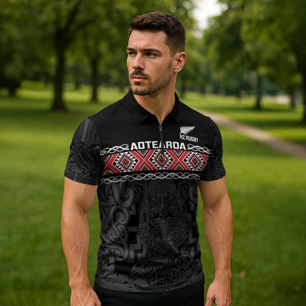 Custom New Zealand Silver Fern Rugby Zipper Polo Shirt All Black Maori Taniko Pattern - Polynesian Pride