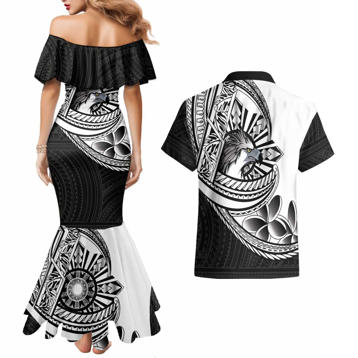Philippines Eagle Sun Couples Matching Mermaid Dress and Hawaiian Shirt Filipino Agila Polynesian Tattoo Black Color LT14 - Polynesian Pride