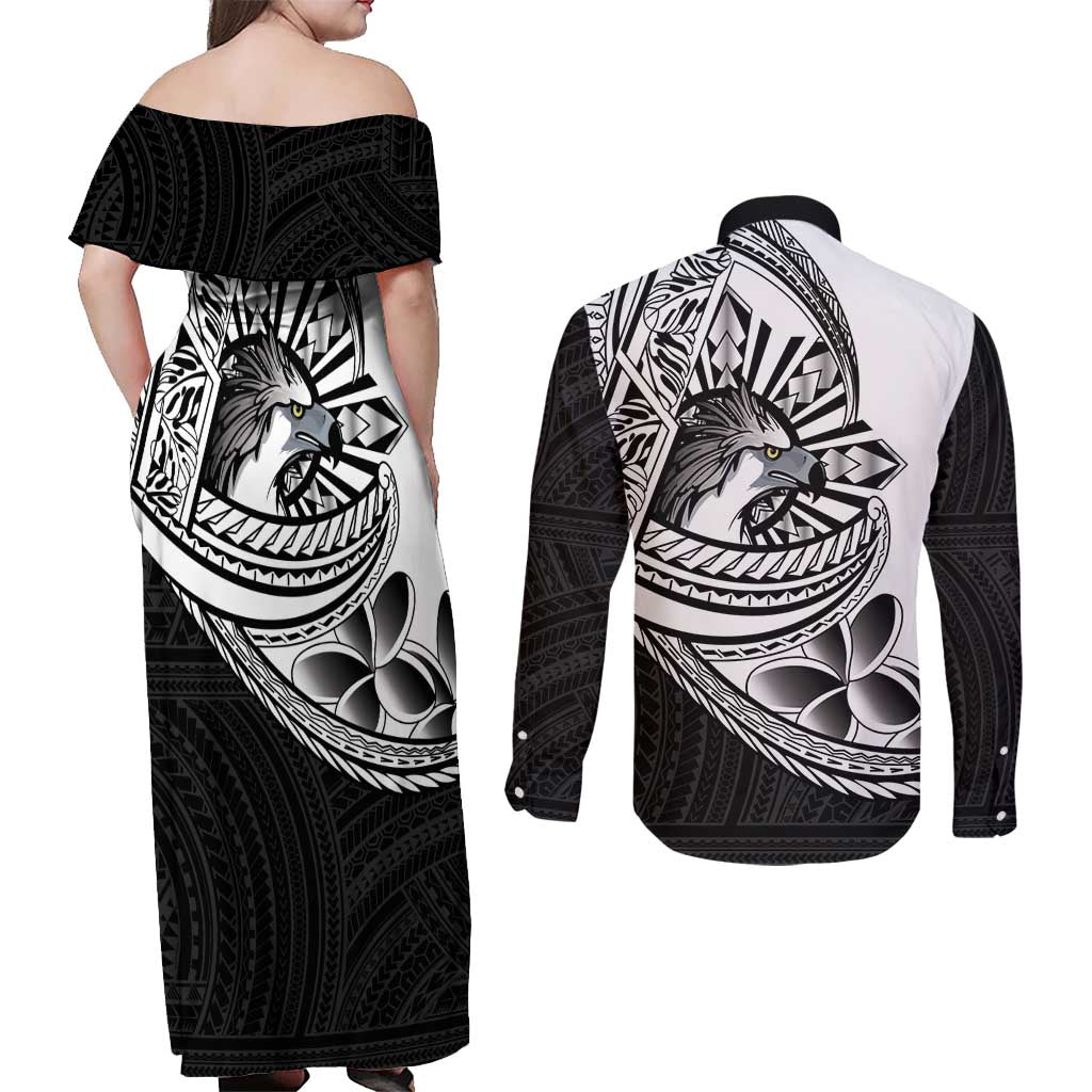 Philippines Eagle Sun Couples Matching Off Shoulder Maxi Dress and Long Sleeve Button Shirt Filipino Agila Polynesian Tattoo Black Color LT14 - Polynesian Pride