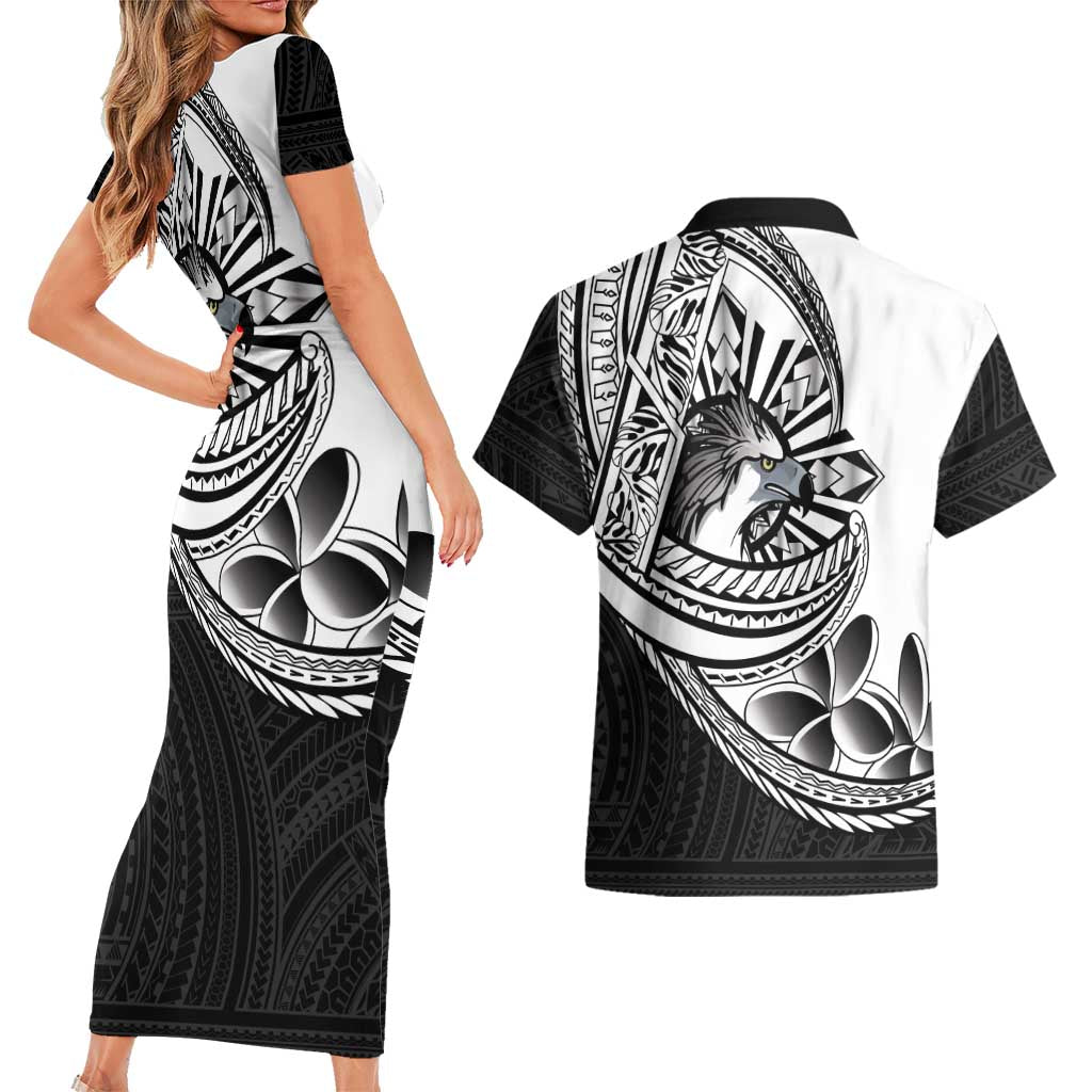 Philippines Eagle Sun Couples Matching Short Sleeve Bodycon Dress and Hawaiian Shirt Filipino Agila Polynesian Tattoo Black Color