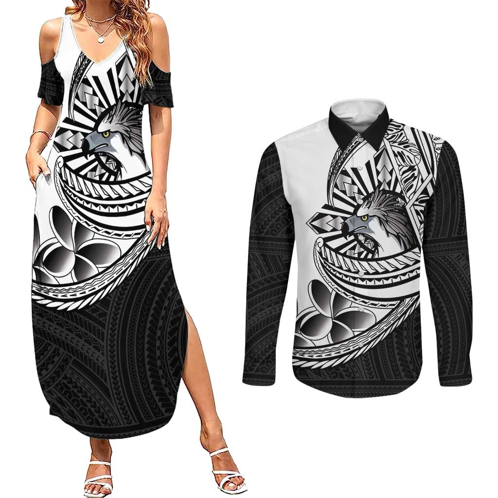 Philippines Eagle Sun Couples Matching Summer Maxi Dress and Long Sleeve Button Shirt Filipino Agila Polynesian Tattoo Black Color LT14 Black - Polynesian Pride