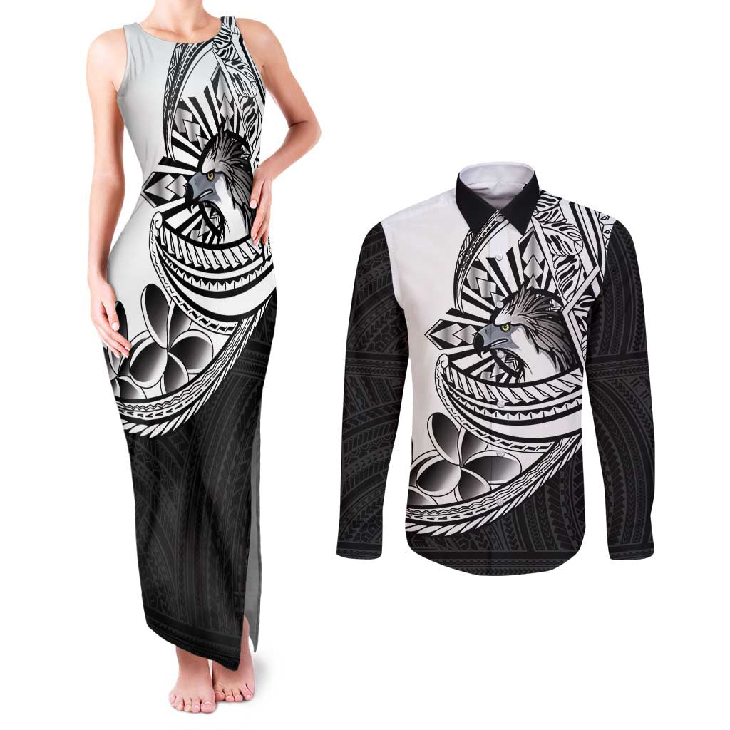Philippines Eagle Sun Couples Matching Tank Maxi Dress and Long Sleeve Button Shirt Filipino Agila Polynesian Tattoo Black Color LT14 Black - Polynesian Pride