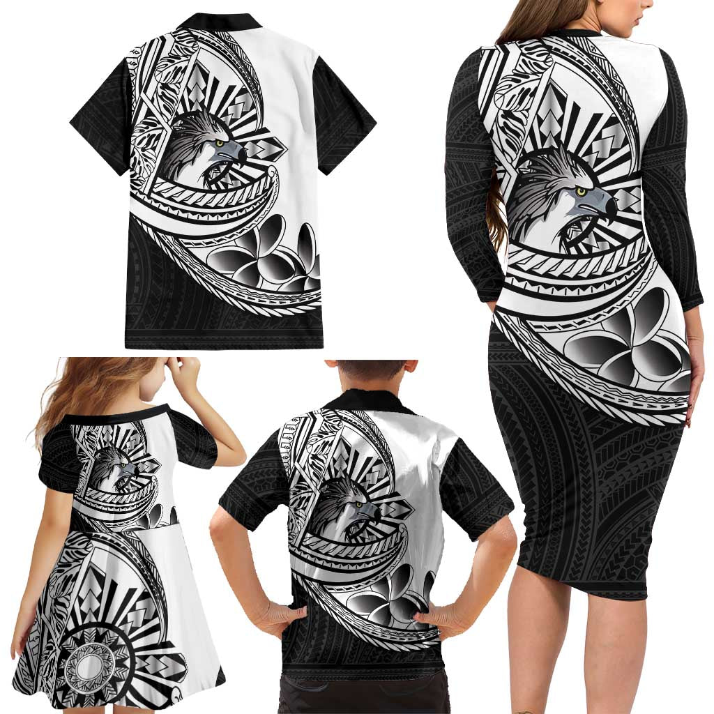 Philippines Eagle Sun Family Matching Long Sleeve Bodycon Dress and Hawaiian Shirt Filipino Agila Polynesian Tattoo Black Color LT14 - Polynesian Pride