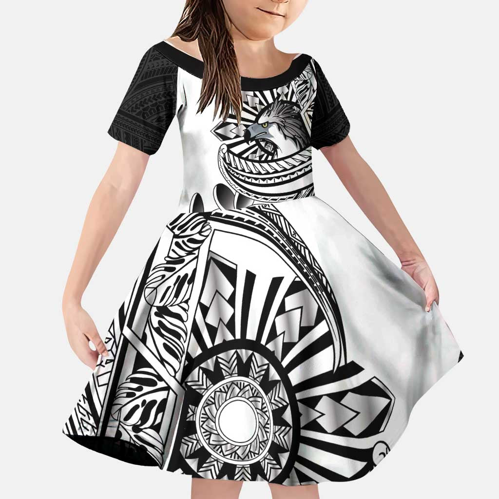 Philippines Eagle Sun Family Matching Off The Shoulder Long Sleeve Dress and Hawaiian Shirt Filipino Agila Polynesian Tattoo Black Color LT14 Daughter's Dress Black - Polynesian Pride