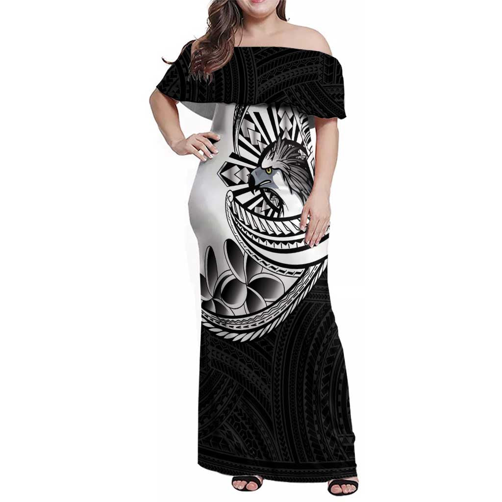 Philippines Eagle Sun Family Matching Off Shoulder Maxi Dress and Hawaiian Shirt Filipino Agila Polynesian Tattoo Black Color