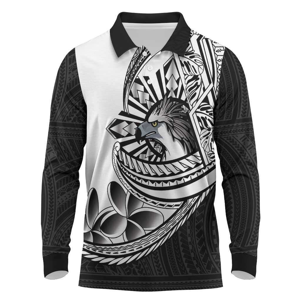 Philippines Eagle Sun Long Sleeve Polo Shirt Filipino Agila Polynesian Tattoo Black Color