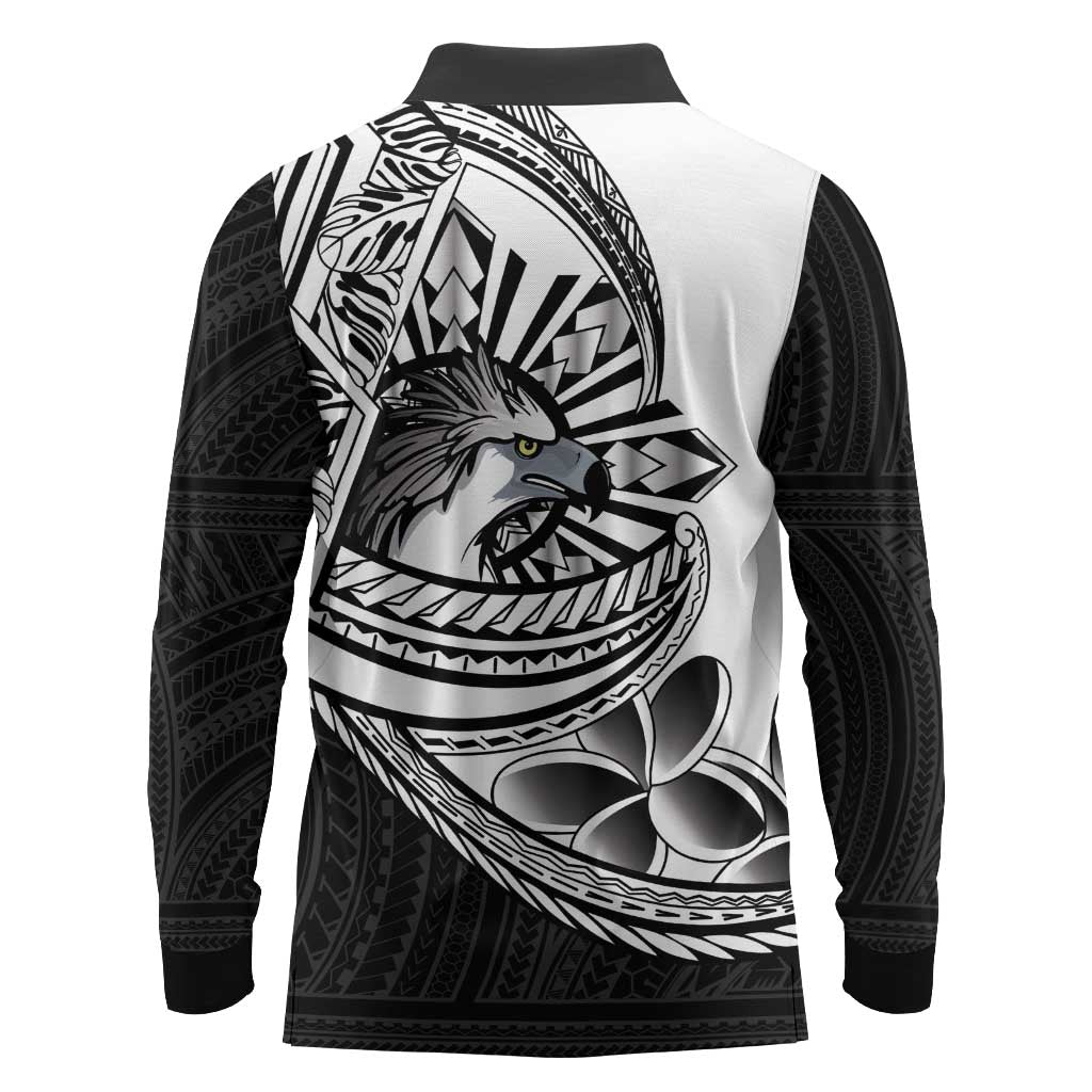 Philippines Eagle Sun Long Sleeve Polo Shirt Filipino Agila Polynesian Tattoo Black Color