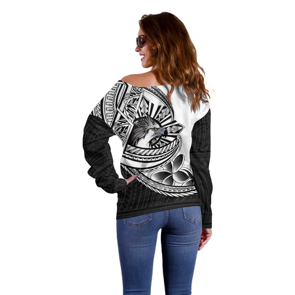 Philippines Eagle Sun Off Shoulder Sweater Filipino Agila Polynesian Tattoo Black Color