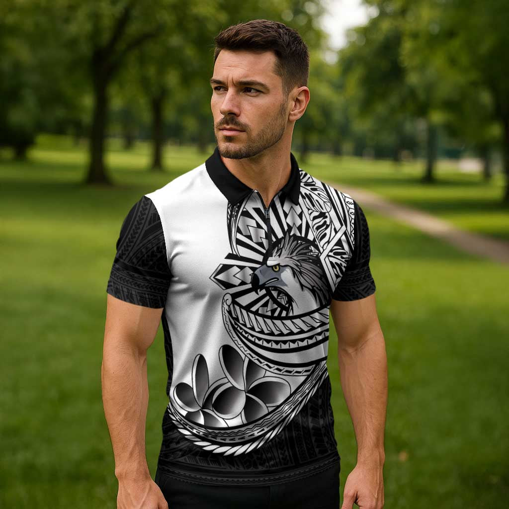 Philippines Eagle Sun Zipper Polo Shirt Filipino Agila Polynesian Tattoo Black Color