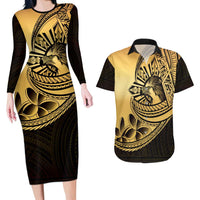 Philippines Eagle Sun Couples Matching Long Sleeve Bodycon Dress and Hawaiian Shirt Filipino Agila Polynesian Tattoo Gold Color
