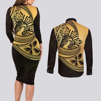 Philippines Eagle Sun Couples Matching Long Sleeve Bodycon Dress and Long Sleeve Button Shirt Filipino Agila Polynesian Tattoo Gold Color LT14 - Polynesian Pride