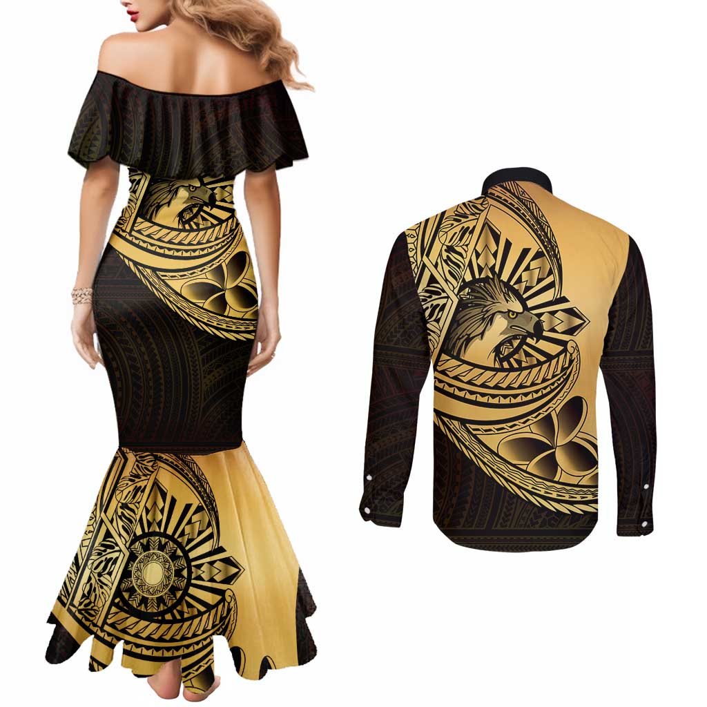 Philippines Eagle Sun Couples Matching Mermaid Dress and Long Sleeve Button Shirt Filipino Agila Polynesian Tattoo Gold Color LT14 - Polynesian Pride