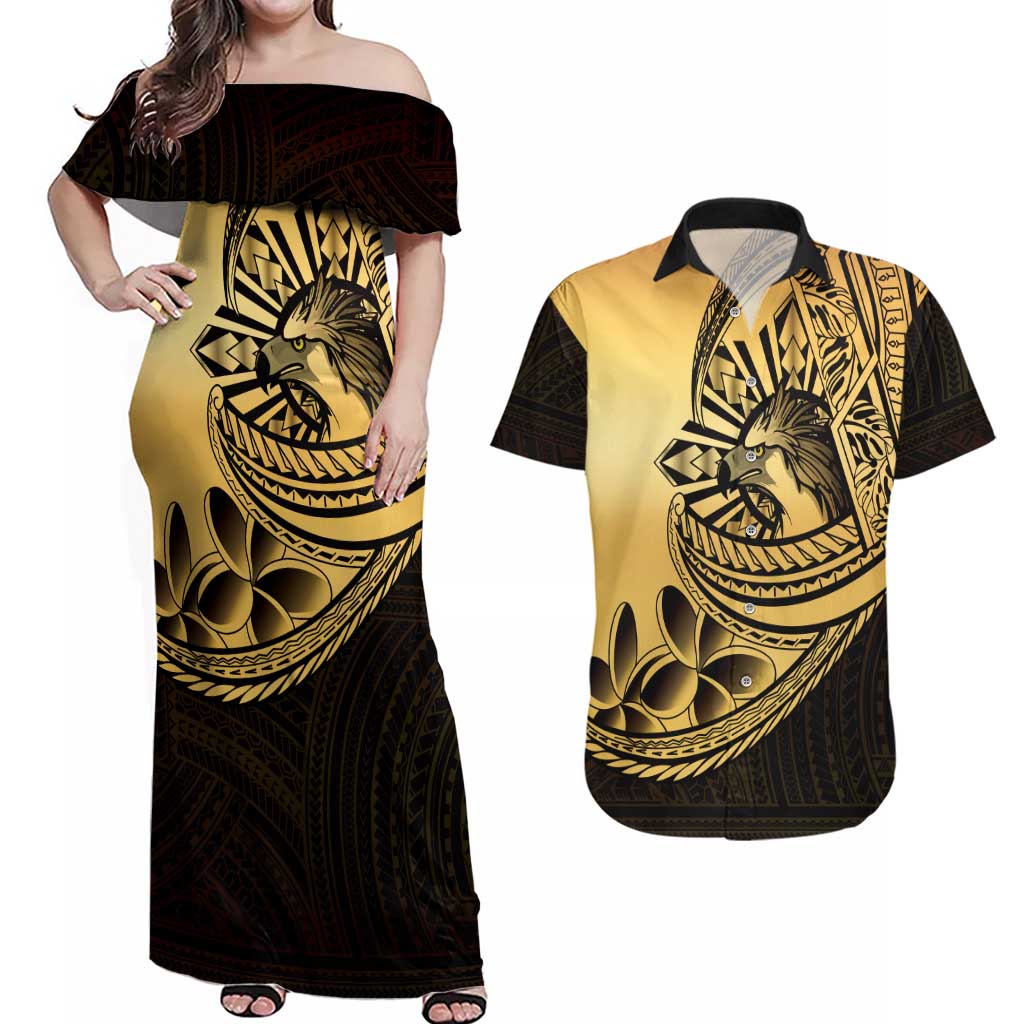 Philippines Eagle Sun Couples Matching Off Shoulder Maxi Dress and Hawaiian Shirt Filipino Agila Polynesian Tattoo Gold Color LT14 Gold - Polynesian Pride