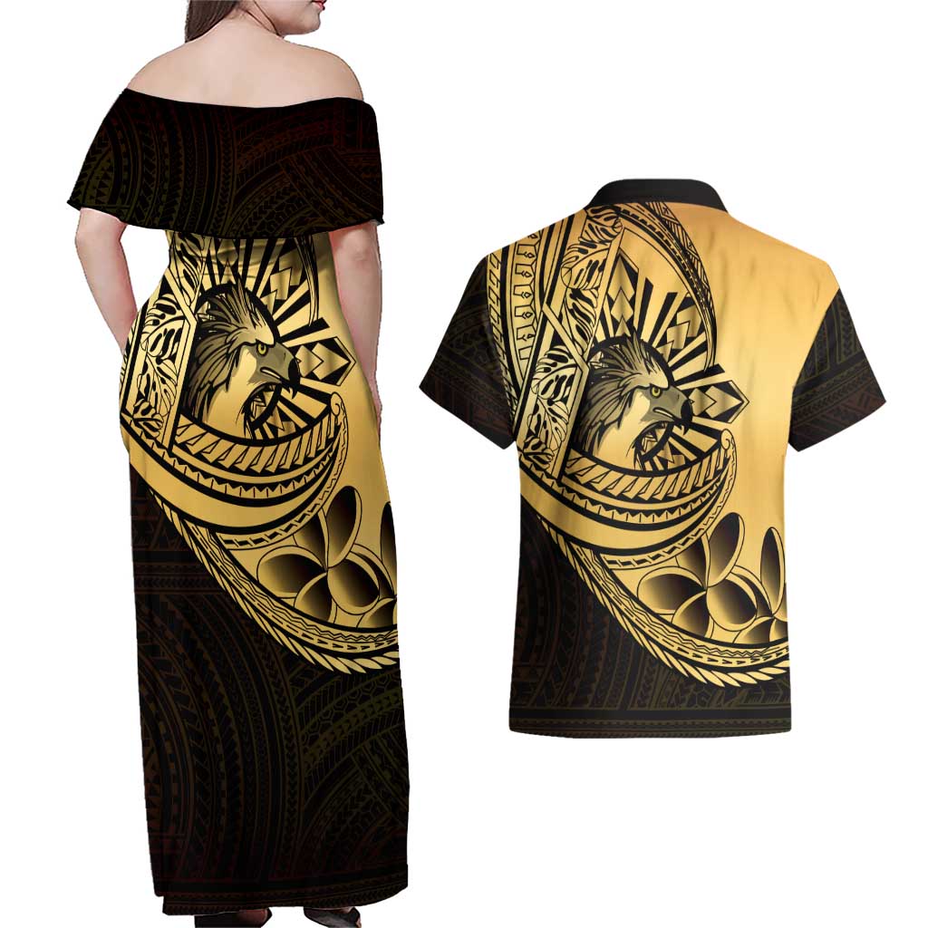 Philippines Eagle Sun Couples Matching Off Shoulder Maxi Dress and Hawaiian Shirt Filipino Agila Polynesian Tattoo Gold Color LT14 - Polynesian Pride