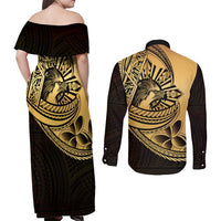 Philippines Eagle Sun Couples Matching Off Shoulder Maxi Dress and Long Sleeve Button Shirt Filipino Agila Polynesian Tattoo Gold Color LT14 - Polynesian Pride