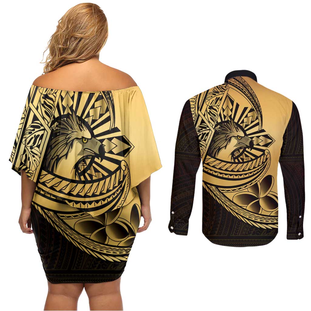 Philippines Eagle Sun Couples Matching Off Shoulder Short Dress and Long Sleeve Button Shirt Filipino Agila Polynesian Tattoo Gold Color LT14 - Polynesian Pride