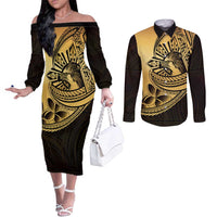 Philippines Eagle Sun Couples Matching Off The Shoulder Long Sleeve Dress and Long Sleeve Button Shirt Filipino Agila Polynesian Tattoo Gold Color LT14 Gold - Polynesian Pride