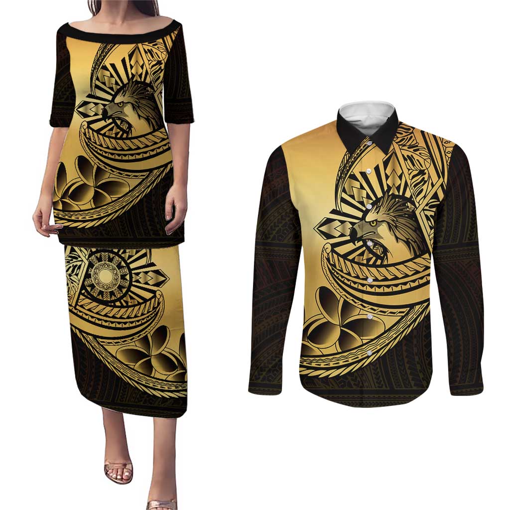 Philippines Eagle Sun Couples Matching Puletasi and Long Sleeve Button Shirt Filipino Agila Polynesian Tattoo Gold Color LT14 Gold - Polynesian Pride
