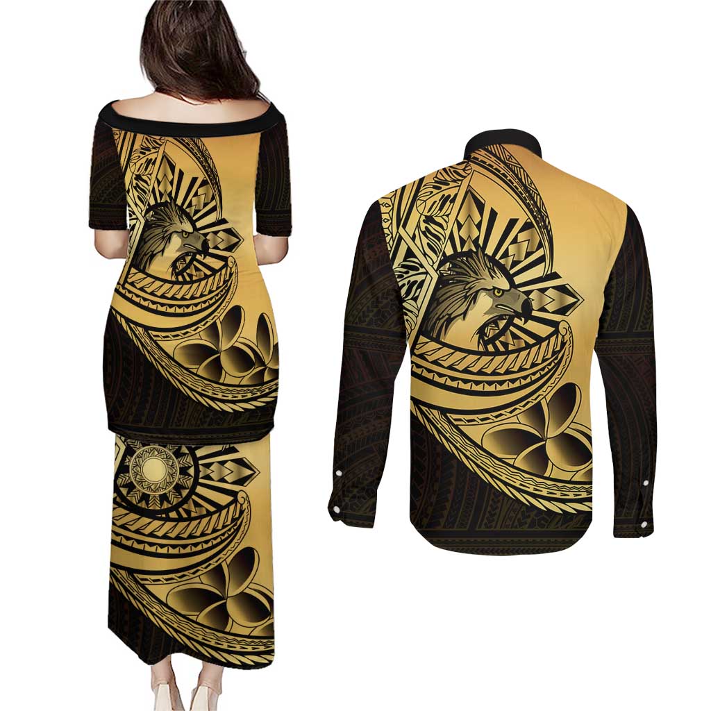 Philippines Eagle Sun Couples Matching Puletasi and Long Sleeve Button Shirt Filipino Agila Polynesian Tattoo Gold Color LT14 - Polynesian Pride