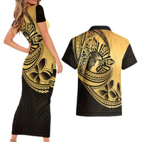 Philippines Eagle Sun Couples Matching Short Sleeve Bodycon Dress and Hawaiian Shirt Filipino Agila Polynesian Tattoo Gold Color