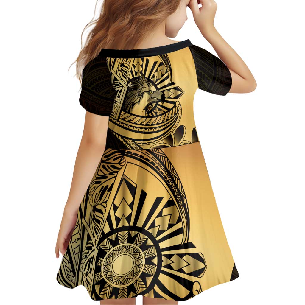 Philippines Eagle Sun Family Matching Off The Shoulder Long Sleeve Dress and Hawaiian Shirt Filipino Agila Polynesian Tattoo Gold Color LT14 - Polynesian Pride