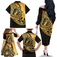 Philippines Eagle Sun Family Matching Off The Shoulder Long Sleeve Dress and Hawaiian Shirt Filipino Agila Polynesian Tattoo Gold Color LT14 - Polynesian Pride
