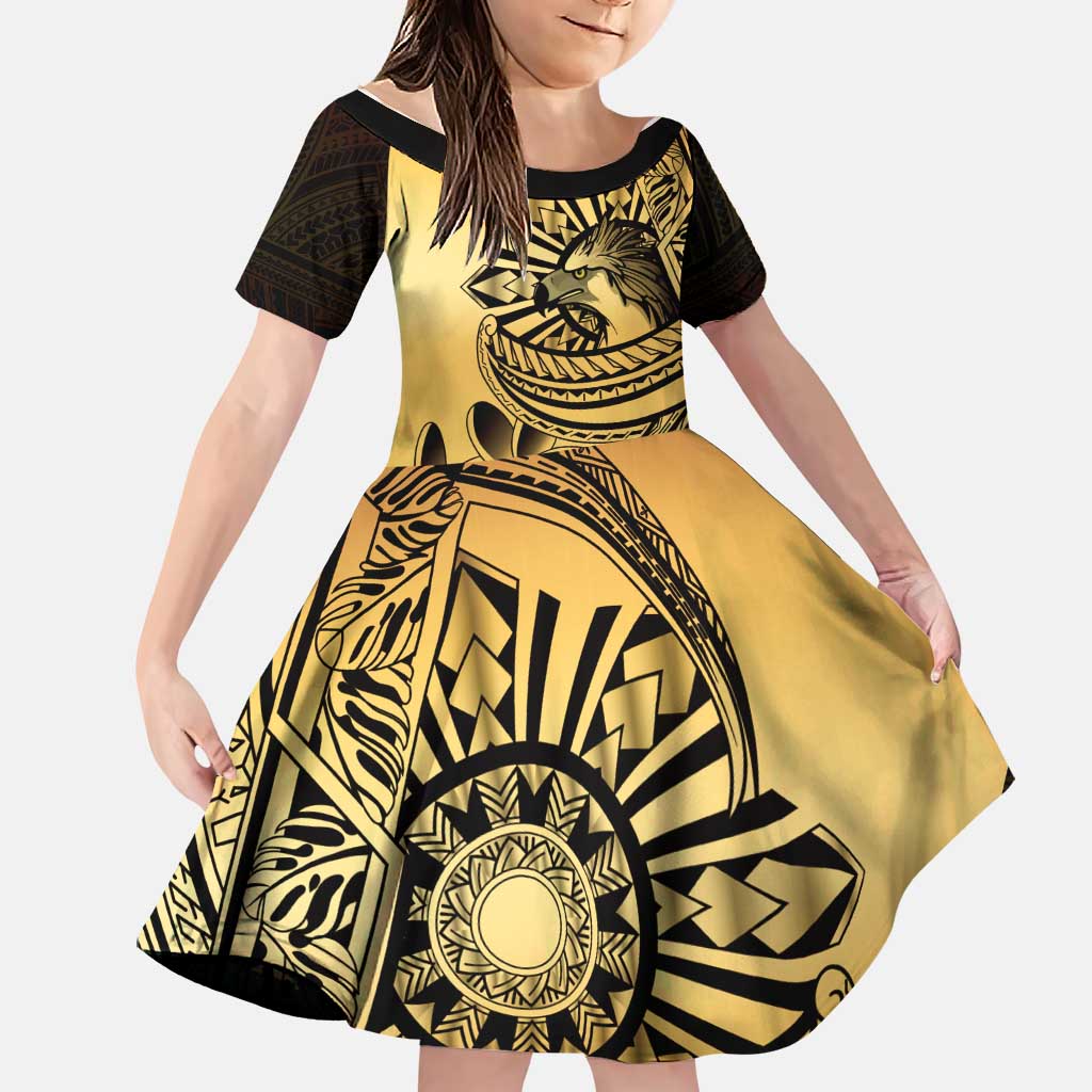 Philippines Eagle Sun Family Matching Summer Maxi Dress and Hawaiian Shirt Filipino Agila Polynesian Tattoo Gold Color LT14 Daughter's Dress Gold - Polynesian Pride