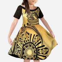 Philippines Eagle Sun Kid Short Sleeve Dress Filipino Agila Polynesian Tattoo Gold Color