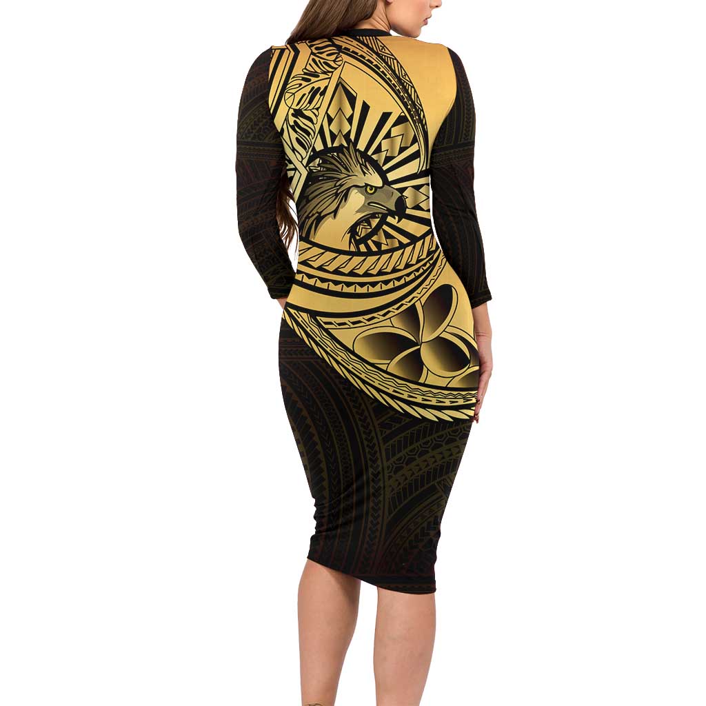 Philippines Eagle Sun Long Sleeve Bodycon Dress Filipino Agila Polynesian Tattoo Gold Color LT14 - Polynesian Pride