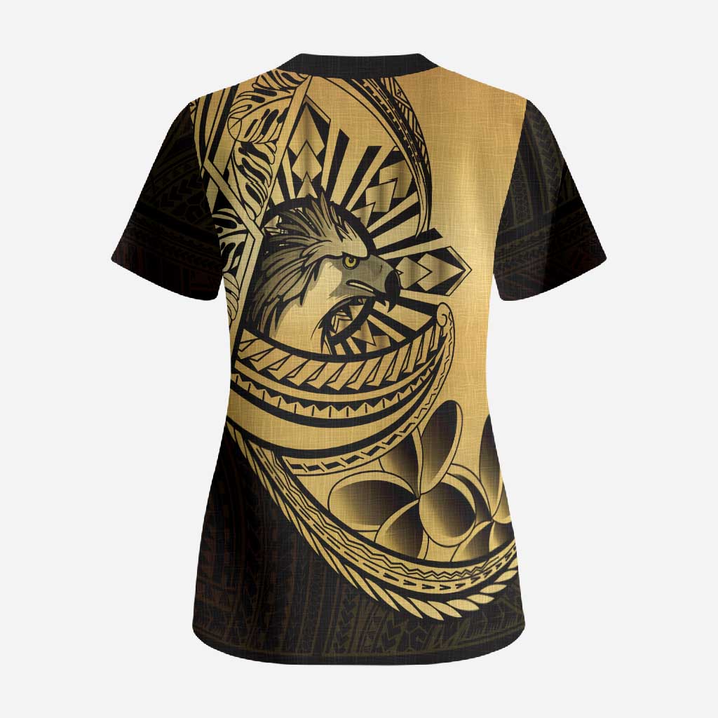 Philippines Eagle Sun Scrub Top Filipino Agila Polynesian Tattoo Gold Color