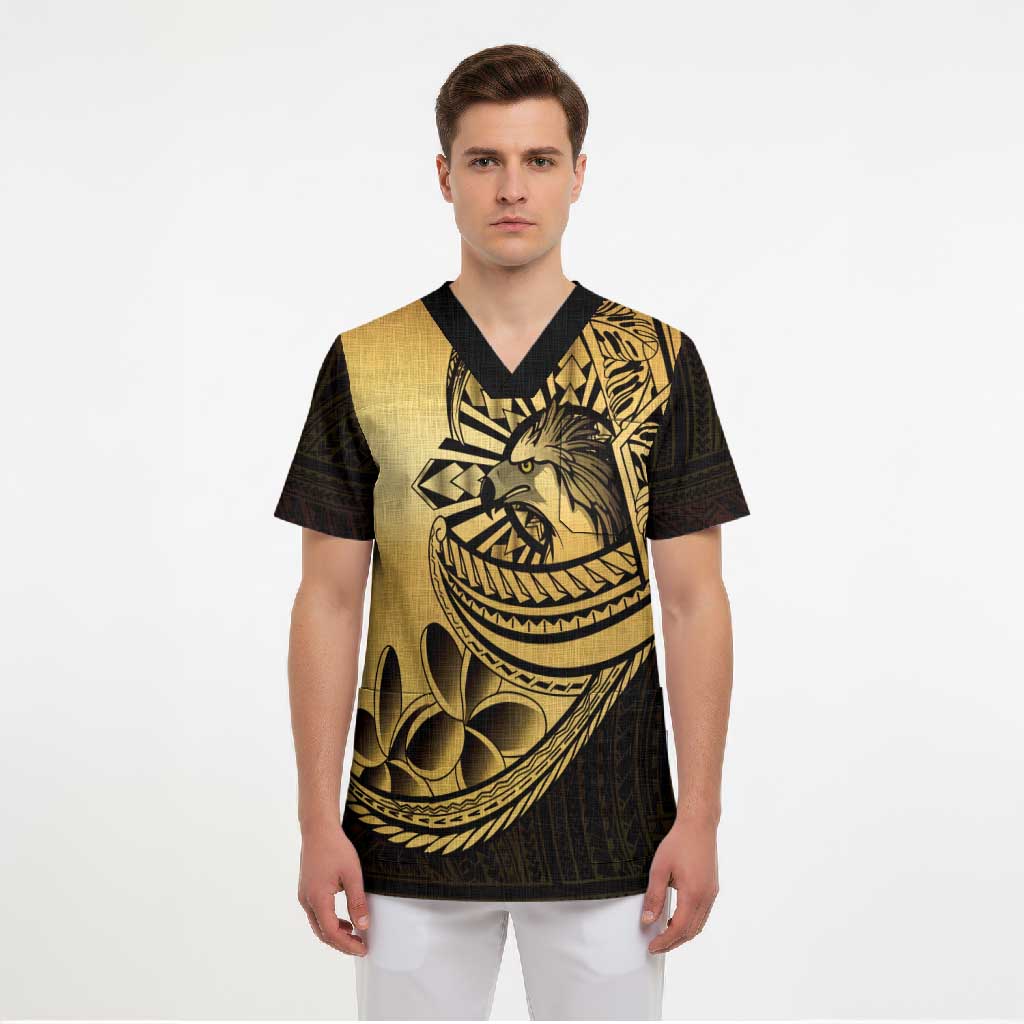 Philippines Eagle Sun Scrub Top Filipino Agila Polynesian Tattoo Gold Color