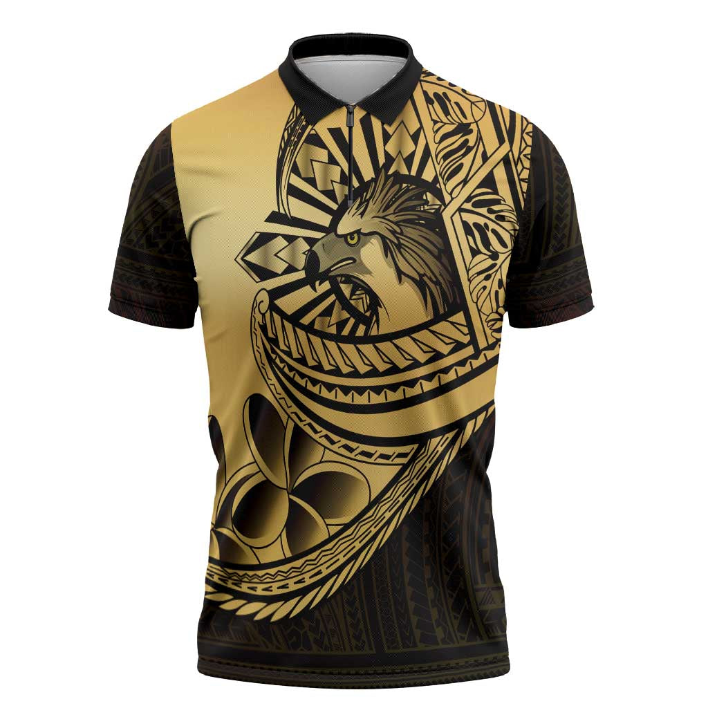 Philippines Eagle Sun Zipper Polo Shirt Filipino Agila Polynesian Tattoo Gold Color