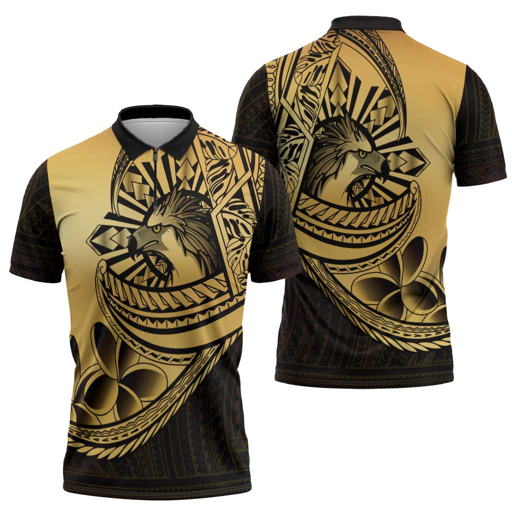 Philippines Eagle Sun Zipper Polo Shirt Filipino Agila Polynesian Tattoo Gold Color