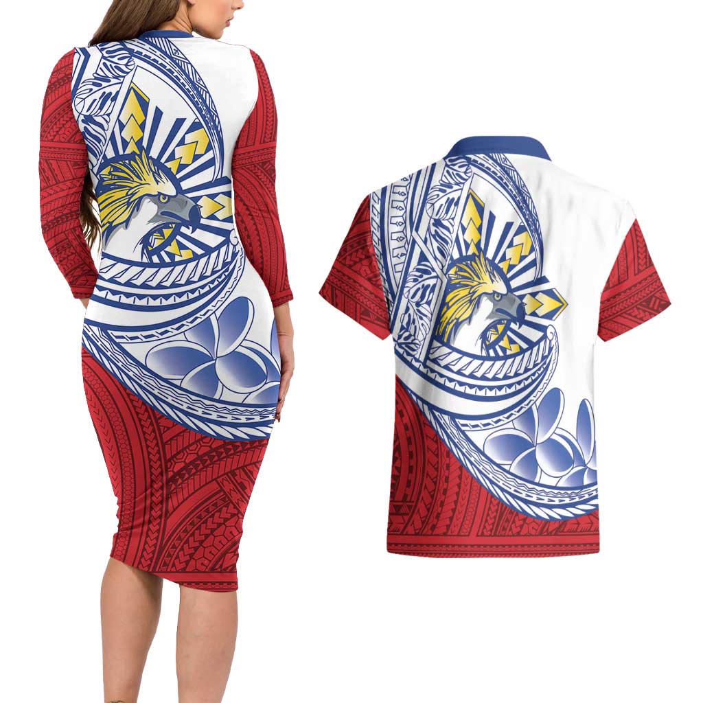 Philippines Eagle Sun Couples Matching Long Sleeve Bodycon Dress and Hawaiian Shirt Filipino Agila Polynesian Tattoo Flag Color