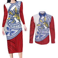 Philippines Eagle Sun Couples Matching Long Sleeve Bodycon Dress and Long Sleeve Button Shirt Filipino Agila Polynesian Tattoo Flag Color LT14 Red - Polynesian Pride