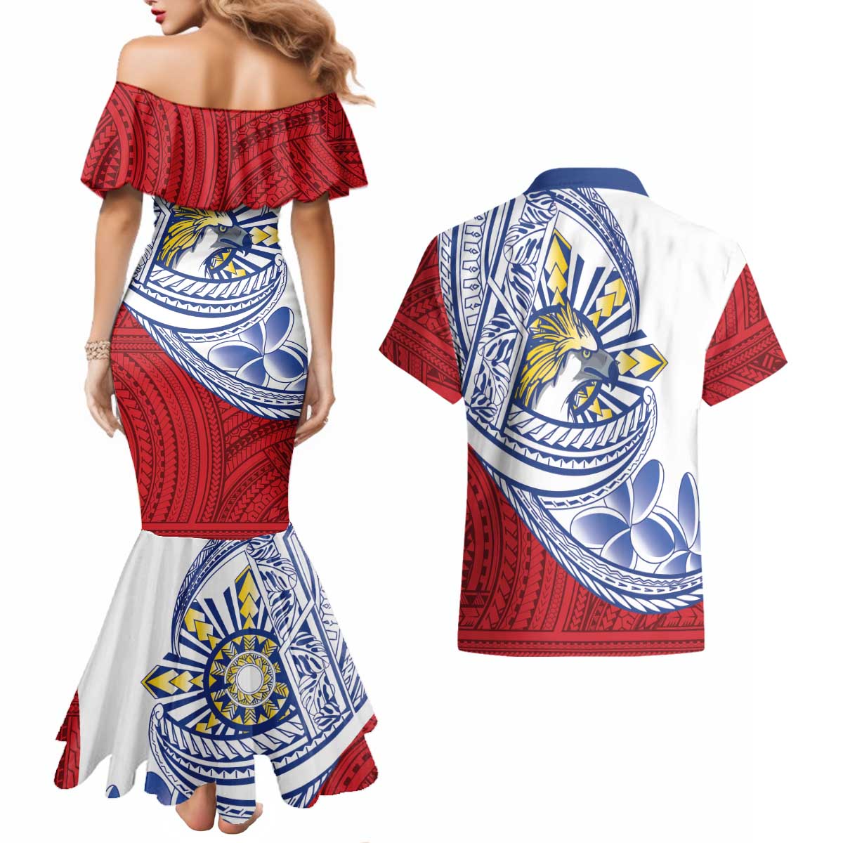 Philippines Eagle Sun Couples Matching Mermaid Dress and Hawaiian Shirt Filipino Agila Polynesian Tattoo Flag Color LT14 - Polynesian Pride