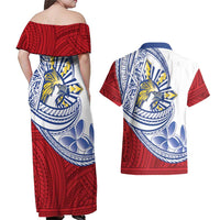 Philippines Eagle Sun Couples Matching Off Shoulder Maxi Dress and Hawaiian Shirt Filipino Agila Polynesian Tattoo Flag Color LT14 - Polynesian Pride