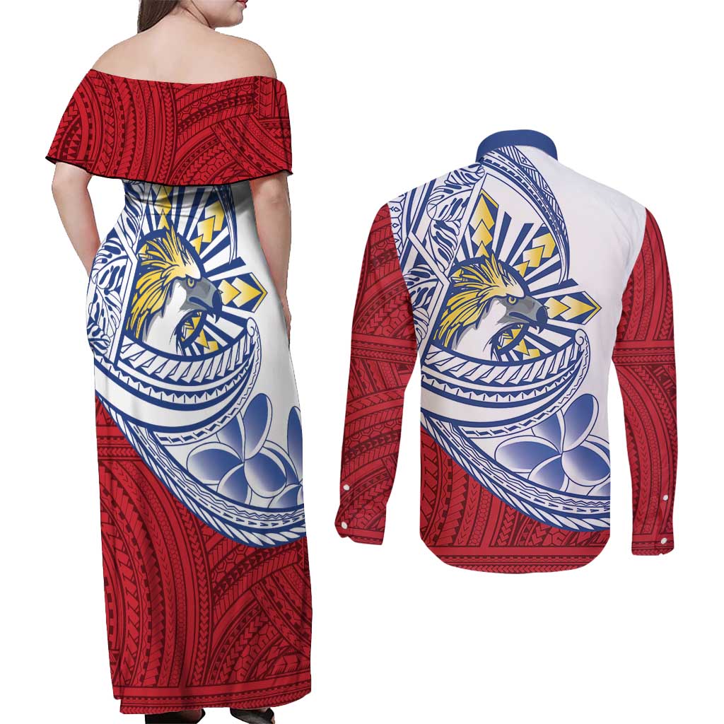 Philippines Eagle Sun Couples Matching Off Shoulder Maxi Dress and Long Sleeve Button Shirt Filipino Agila Polynesian Tattoo Flag Color LT14 - Polynesian Pride