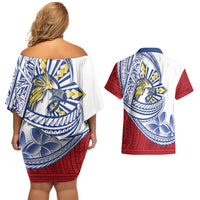 Philippines Eagle Sun Couples Matching Off Shoulder Short Dress and Hawaiian Shirt Filipino Agila Polynesian Tattoo Flag Color LT14 - Polynesian Pride