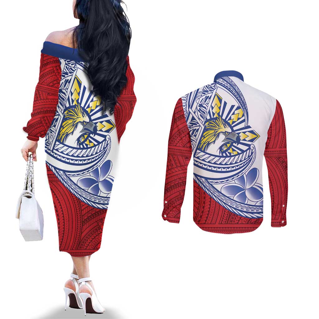 Philippines Eagle Sun Couples Matching Off The Shoulder Long Sleeve Dress and Long Sleeve Button Shirt Filipino Agila Polynesian Tattoo Flag Color LT14 - Polynesian Pride