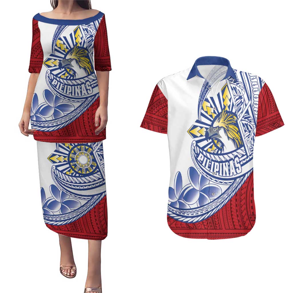 Philippines Eagle Sun Couples Matching Puletasi and Hawaiian Shirt Filipino Agila Polynesian Tattoo Flag Color LT14 Red - Polynesian Pride