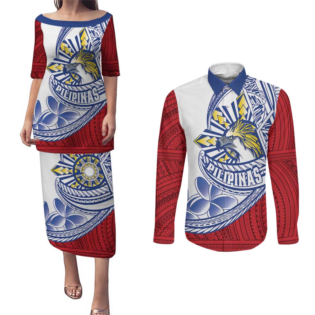 Philippines Eagle Sun Couples Matching Puletasi and Long Sleeve Button Shirt Filipino Agila Polynesian Tattoo Flag Color LT14 Red - Polynesian Pride
