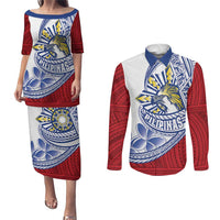 Philippines Eagle Sun Couples Matching Puletasi and Long Sleeve Button Shirt Filipino Agila Polynesian Tattoo Flag Color LT14 Red - Polynesian Pride