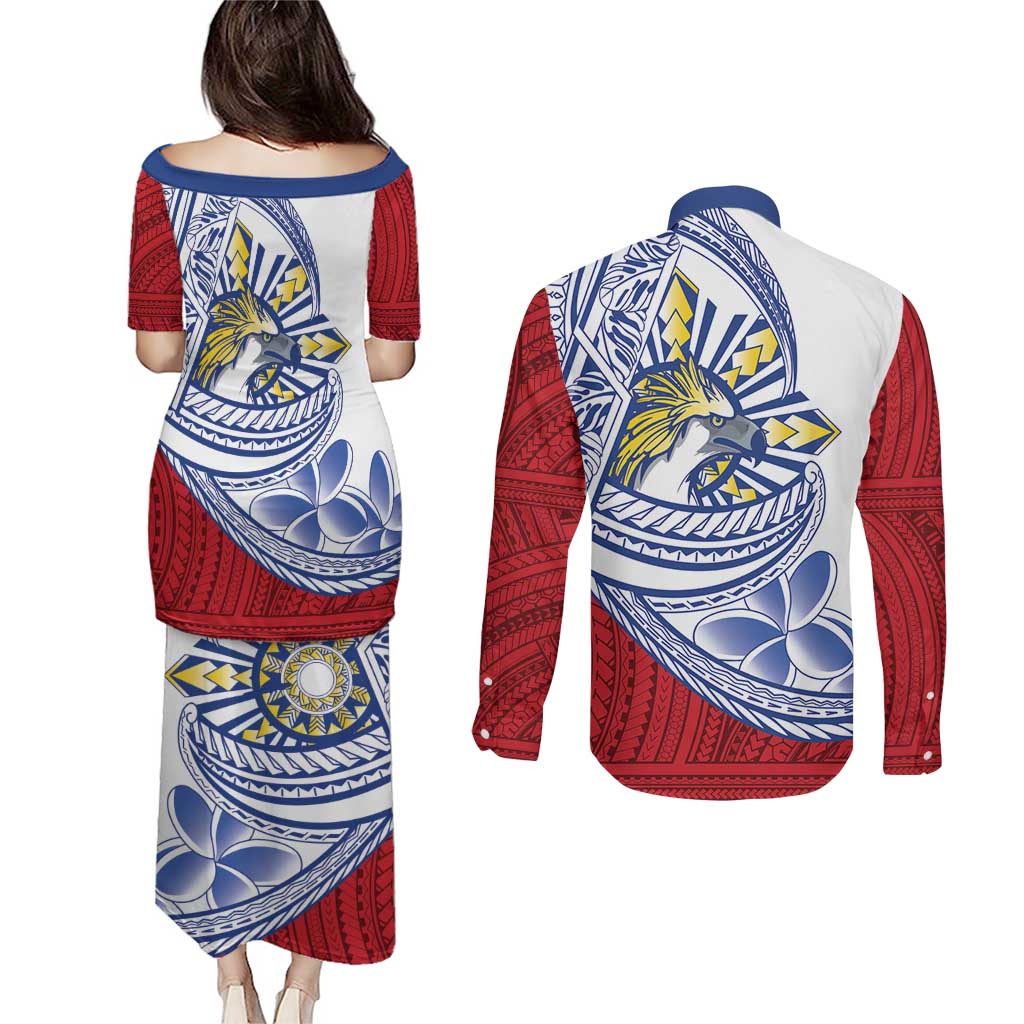 Philippines Eagle Sun Couples Matching Puletasi and Long Sleeve Button Shirt Filipino Agila Polynesian Tattoo Flag Color LT14 - Polynesian Pride