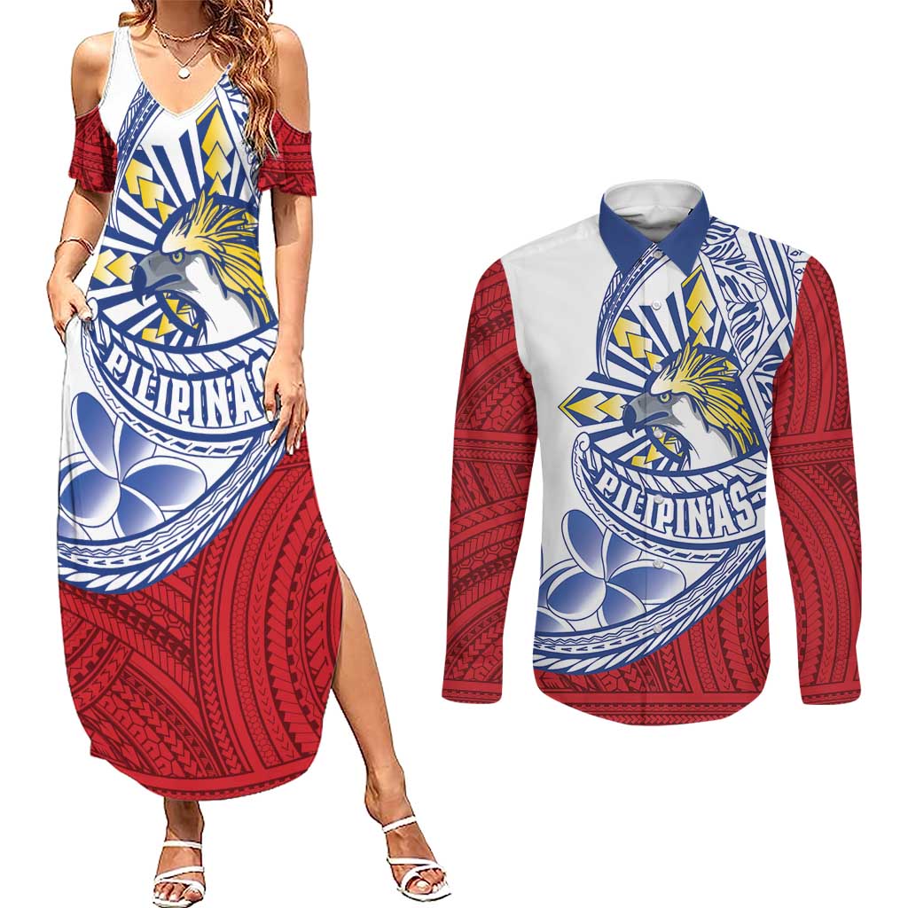 Philippines Eagle Sun Couples Matching Summer Maxi Dress and Long Sleeve Button Shirt Filipino Agila Polynesian Tattoo Flag Color