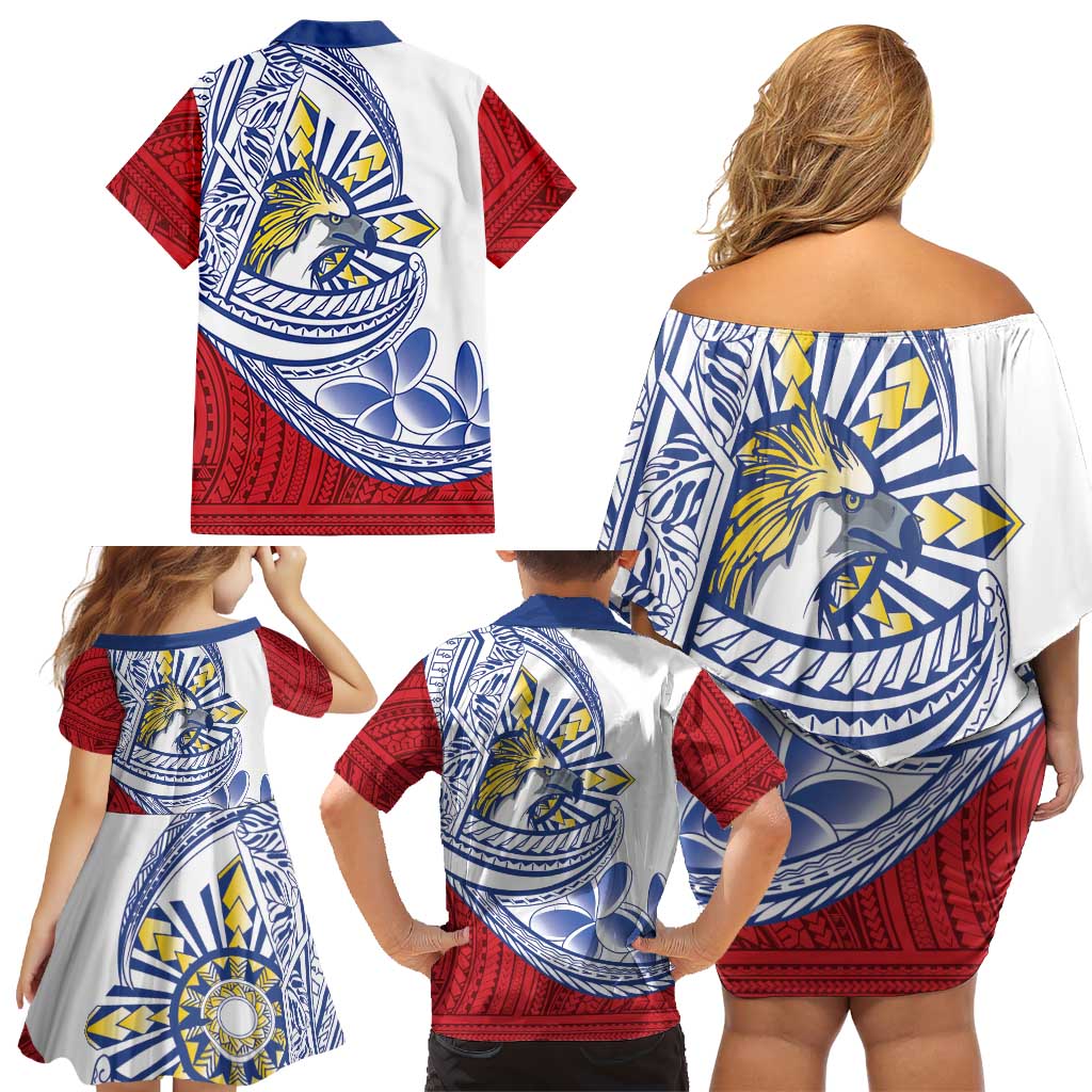 Philippines Eagle Sun Family Matching Off Shoulder Short Dress and Hawaiian Shirt Filipino Agila Polynesian Tattoo Flag Color LT14 - Polynesian Pride
