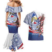 Filipino American History Month Couples Matching Mermaid Dress and Hawaiian Shirt Philippines Agila USA Eagle Mix Flag